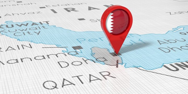 Qatar, Doha - location pin with national flag on political map - 3D illustration