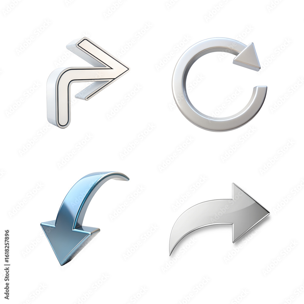 Poster four arrows, including a circular refresh arrow and a curved downward arrow, isolated on transparent