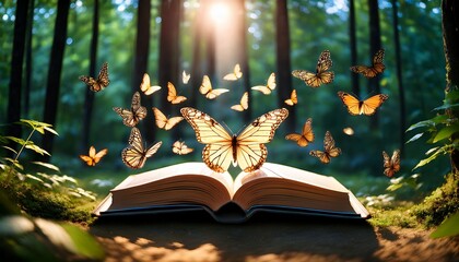 illuminated open book surrounded by butterflies in a serene forest setting
