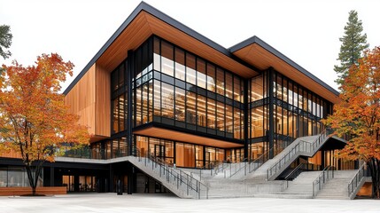 Modern Wood and Glass Building with Exterior Stairs and Autumn Trees