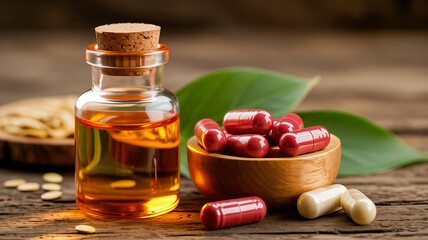 Natural Supplement Ingredients on Rustic Wooden Surface