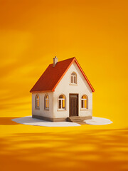 Charming White House with Red Roof on Orange Background