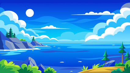 Vector art of a serene coastal landscape under a bright blue sky with fluffy clouds and a distant moon