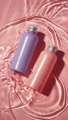 Elegant Cosmetic Bottles Floating in Pink Water