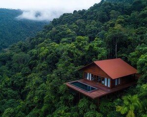 Luxury ecolodge nestled in a lush rainforest, blending seamlessly with nature, sustainable travel concept