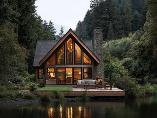Obraz premium Charming ecocottage by a river, designed with reclaimed wood and energyefficient systems