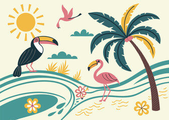 Exotic Beach Summer Collection: Hand-Drawn Toucan, Flamingo, Palm Tree, Sun, and Tropical Waves Illustration for Vacation and Nature Designs