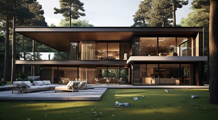 Fototapeta premium Contemporary forest villa with floor-to-ceiling windows and a peaceful outdoor setting