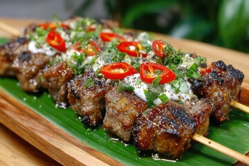 Gourmet grilled meat skewers, topped with spicy chili, herbs, and sauce, on banana leaf.