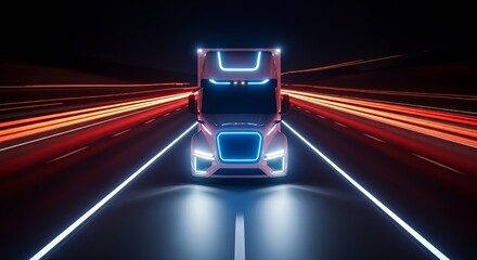 Futuristic Electric Truck Driving at Night with Neon Lights on Dark Road