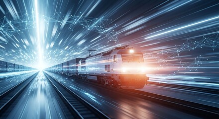 High-speed Electric Train Moving Through Futuristic Digital Tunnel with Light Trails and Data Network Effects
