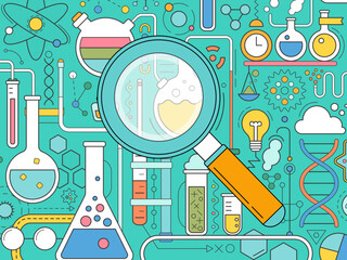 Science laboratory, school chemistry background with abstract geometric background. Medical, chemical or biology research, school education concept with magnifying glass, dna molecule, tubes and flask