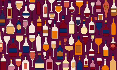 Seamless pattern with wine bottles, glasses and alcohol drinks. Abstract background for bar menu. Geometric pattern with line bottles with wine, champagne, beer, cocktail glasses, vector illustration