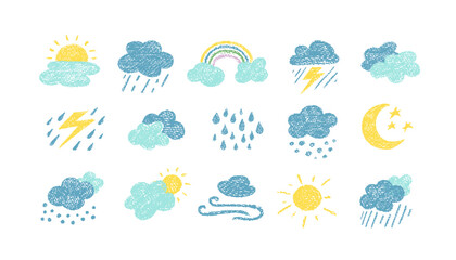 Crayon icons of weather, clouds and sun in sky. Doodle clouds with rain, lightning, snow, storm with chalk texture. Cute summer and winter weather icons drawn with crayon pencils, vector illustration