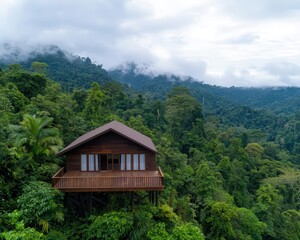 Luxury ecolodge nestled in a lush rainforest, blending seamlessly with nature, sustainable travel concept