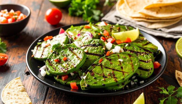 Grilling Nopales Cactus Pads on Open Fire. Mexican Food Close Up