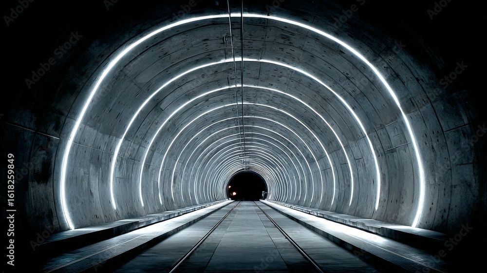 Poster a subway tunnel with glowing lights along the walls, creating a symmetrical path with parallel track