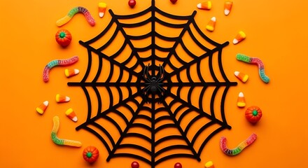 Halloween candy spider web background flat lay top view orange spooky trick or treat