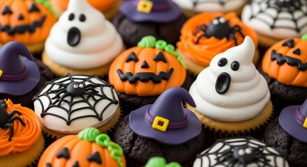Obraz premium Halloween cupcakes spooky treats ghost pumpkin spider witch hat party food dessert baking