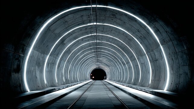 A subway tunnel with glowing lights along the walls, creating a symmetrical path with parallel tracks and smooth concrete surfaces, leading to an unknown destination