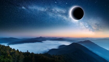 Fototapeta premium lunar eclipse over misty mountains with starry sky and fog