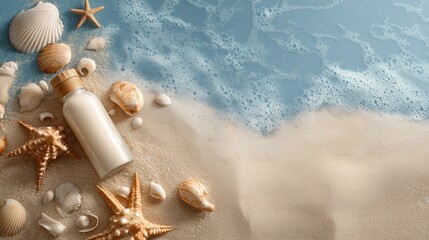 Beige cosmetic bottle with shells and starfish on beach next to sea foam