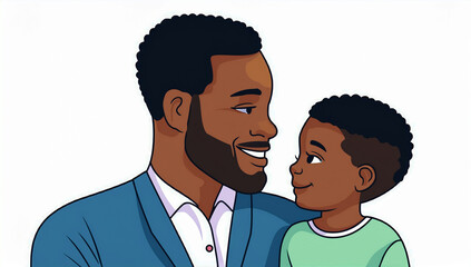 Cartoon illustration of a smiling father and son looking at each other with affection, expressing love, family bonding, and positive parenting in a warm and joyful scene.