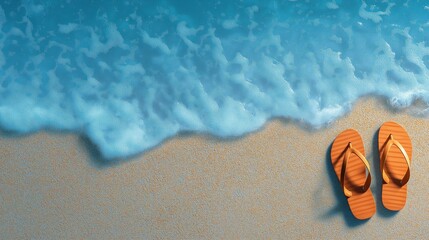 Orange flip-flops on wet beach sand near soft ocean waves