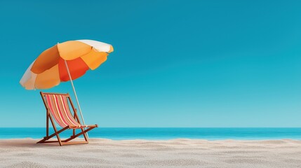 Red-striped chair and orange umbrella on a serene sunny beach