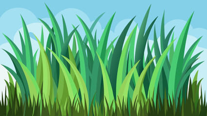 Fototapeta premium Vector art of a closeup view of lush green grass blades against a soft blue sky with subtle clouds