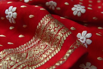 Red and Gold Sari with Paisley work, light pink background, saris for women, Indian fabric cloth