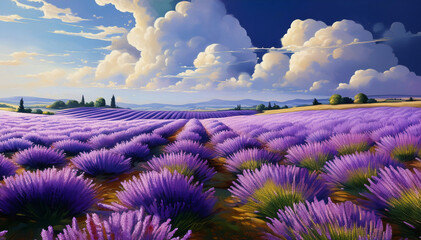 Vibrant lavender field in full bloom under a dramatic sky with fluffy clouds, creating a picturesque and colorful summer landscape ideal for travel and nature themes.