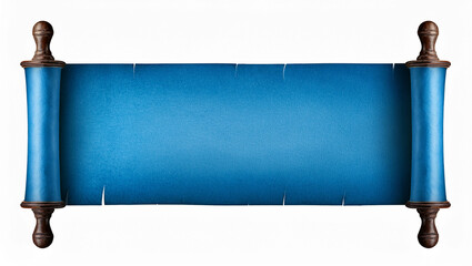 Antique-style blue scroll with wooden handles, unrolled and blank. Isolated on white background, ideal for messages, decorative text, or vintage design elements.