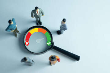 A team analyzing customer satisfaction and experience (CX). A magnifying glass on a score meter, representing feedback, a good rating, or a high Net Promoter Score (NPS) from a survey.
