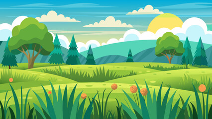 Obraz premium Vector art of a vibrant cartoon landscape with rolling green hills, trees, and a bright sun under a blue sky with fluffy clouds