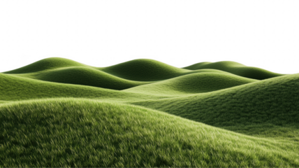 Rolling green hills with lush grass under a black sky providing depth and contrast transparent background