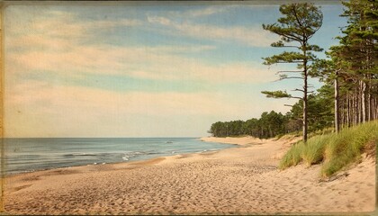 vintage michigan postcard with beach and pine trees