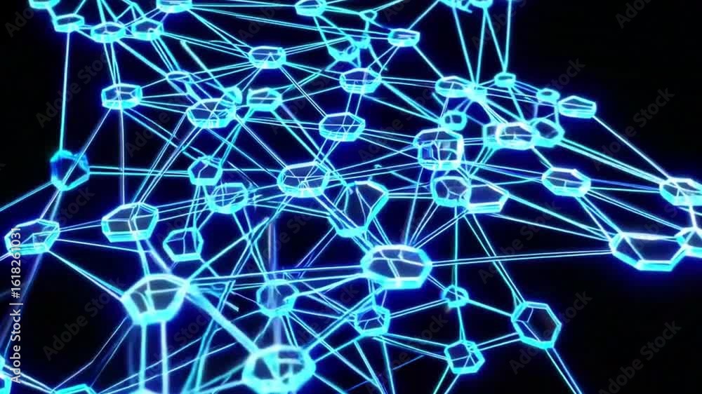 Poster an abstract blue network connection over a dark background, representing interconnectedness and tech