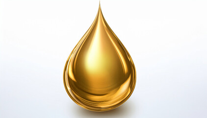 A shiny, golden oil drop isolated on a white background, representing purity, luxury, or essential oil concepts in a minimal and elegant design.