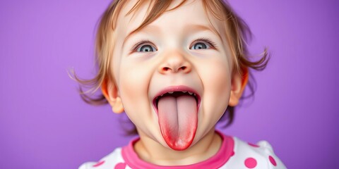 Tongue out, violet backdrop, playful, child, fun, whimsical, mischievous, adorable, vibrant, colorful, white shades, bright, happy, whimsical, background