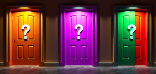Three vibrant doors, each marked with a question mark, stand in a row,  uncertainty,  bright
