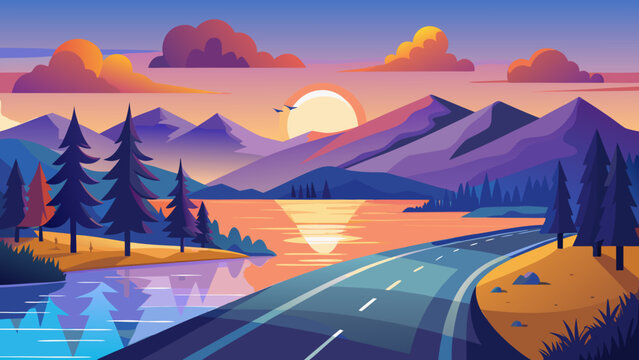 Vector art of a winding road leads towards a vibrant sunset over a serene lake surrounded by majestic mountains