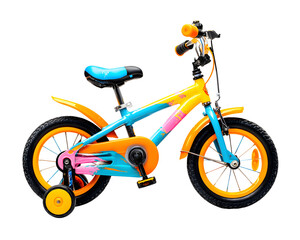 Fototapeta premium A small, vibrant children's bicycle with wheels, bright colors, playful design, and soft seat, isolated on white background.