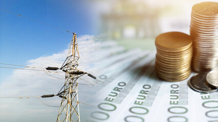 Power transmission tower on the background of money. Electricity tariff increase concept.