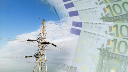 Power transmission tower on the background of money. Electricity tariff increase concept.