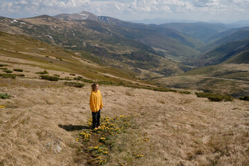 Young woman hiking in the Carpathian Mountains, Ukraine