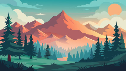 Vector art of a vibrant flat illustration depicts a majestic mountain range bathed in the warm glow of sunrise or sunset, with a dense pine forest in the foreground
