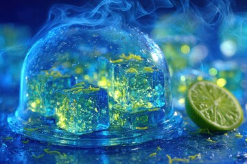 Vibrant blue translucent cubes under a dome, with lime and abstract vapor.