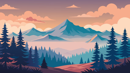 Fototapeta premium Vector art of a stylized flat design illustration showcases a mountain vista with pine forests under a colorful sunset sky
