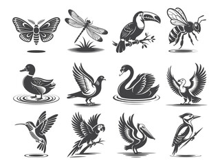Obraz premium Silhouetted birds and insects collection showcases a moth, duck, hummingbird, parrot, swan, and other diverse species, transparent background